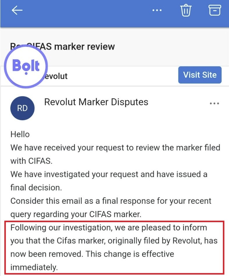Removed Revolut CIFAS marker email