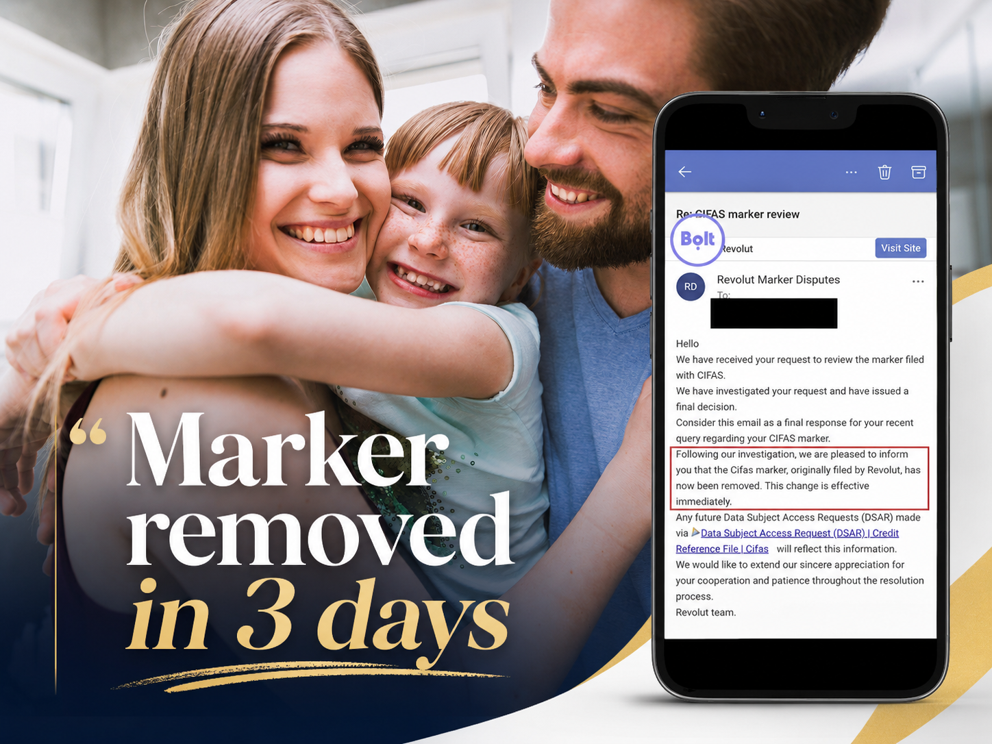 Family smiling after a CIFAS marker removal outcome.