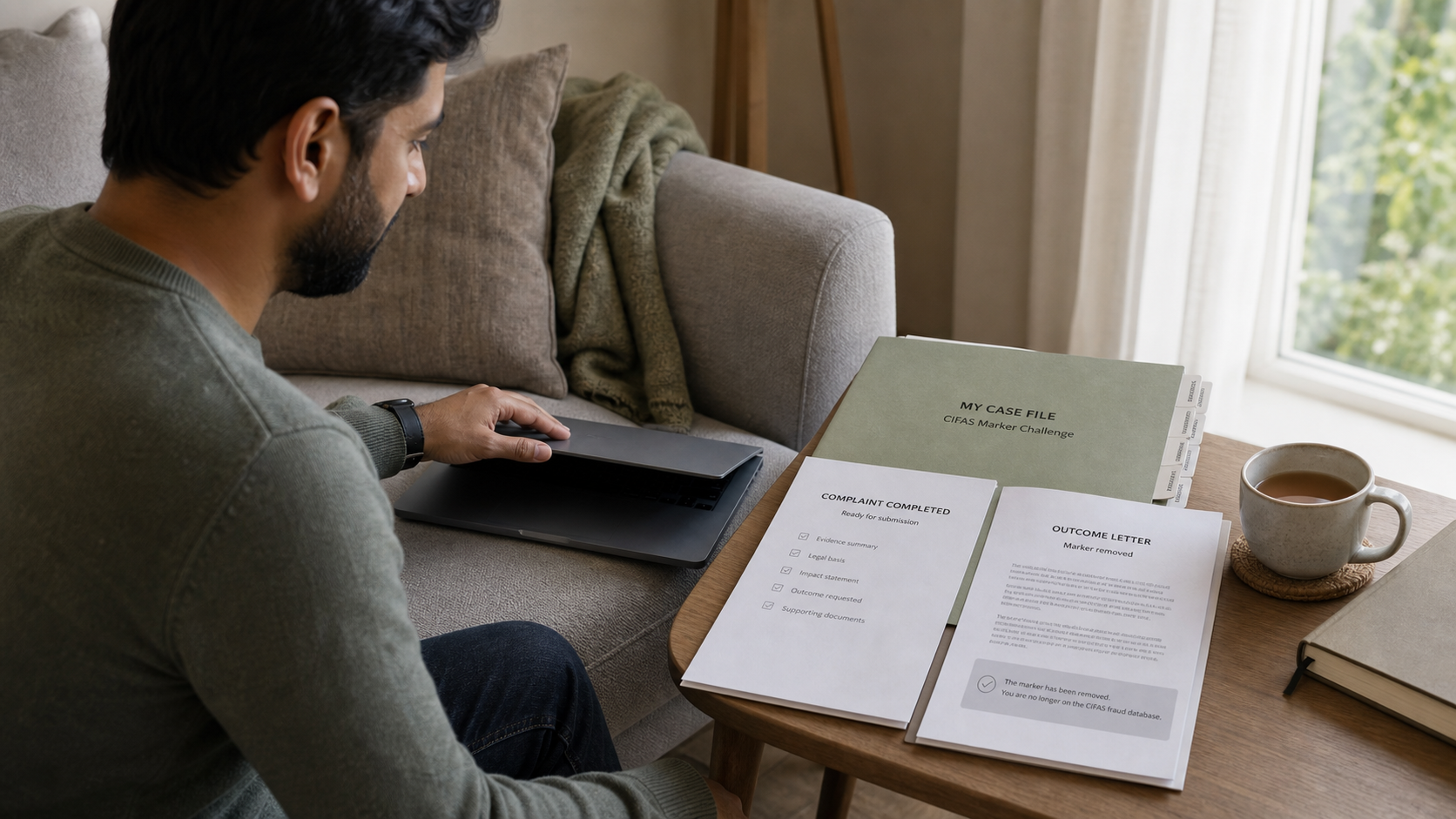 Calm person at home closing a laptop beside a completed cifas complaint document and cup of tea.