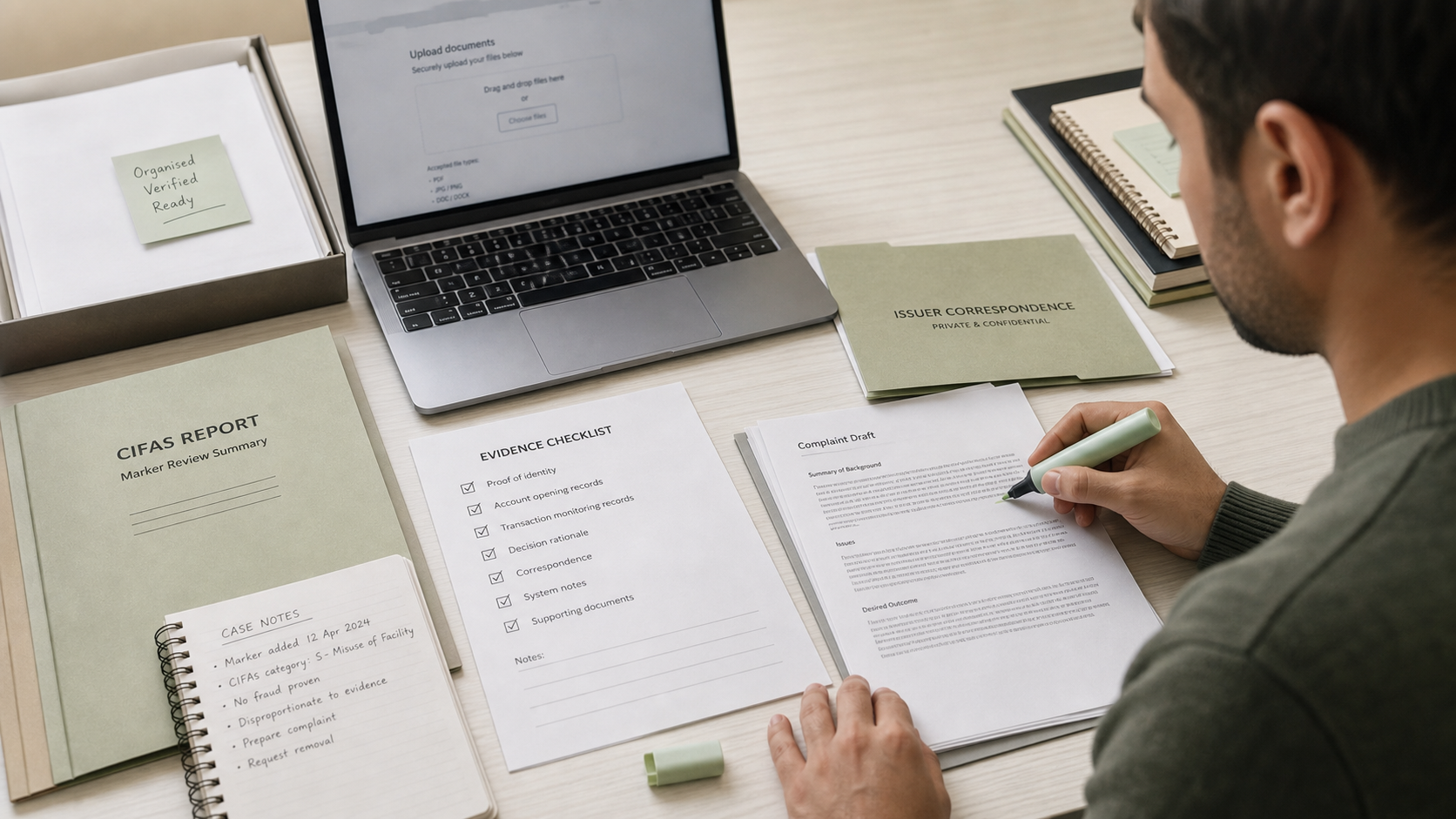 Professional desk with uploaded records, printed checklist, and complaint draft being prepared.