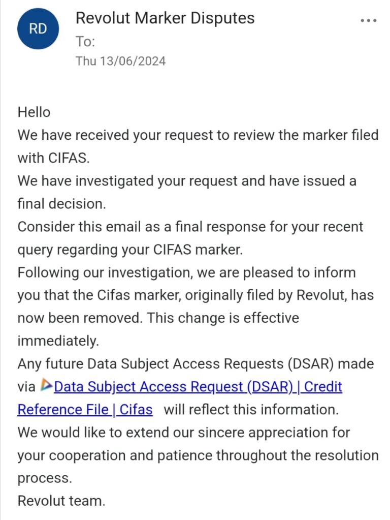 Revolut CIFAS Marker Removed in Just 3 Days Cifas Marker UK